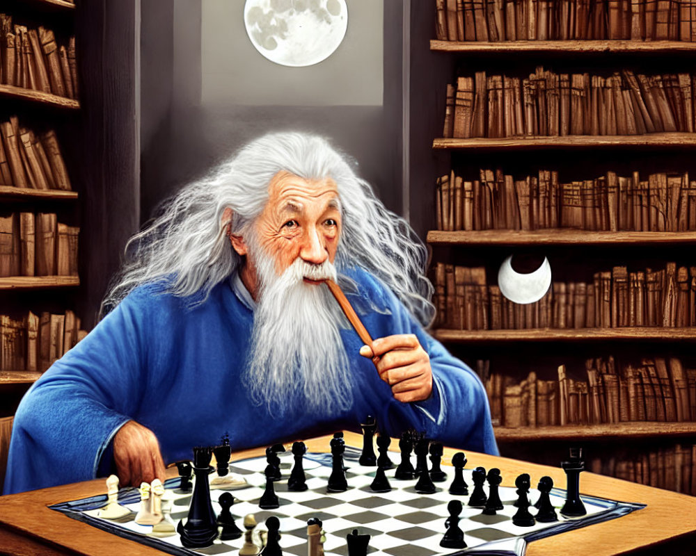 Elderly wizard with white beard playing chess in moonlit library