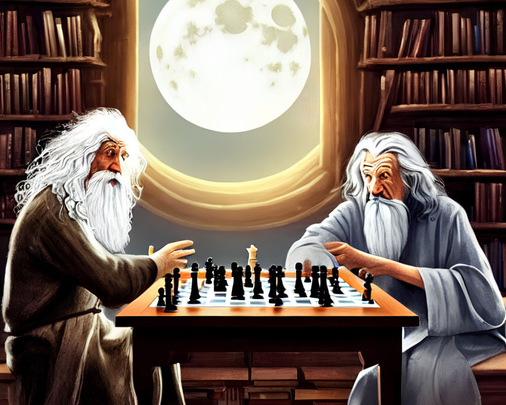 Elderly wizards playing chess in grand library with moon visible through window