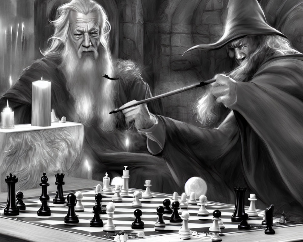 Intense chess match between wizards in medieval setting