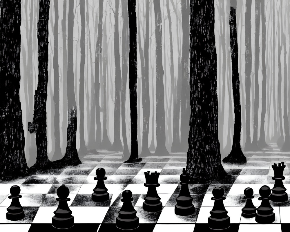 Monochrome Chessboard with Chess Pieces in Misty Forest
