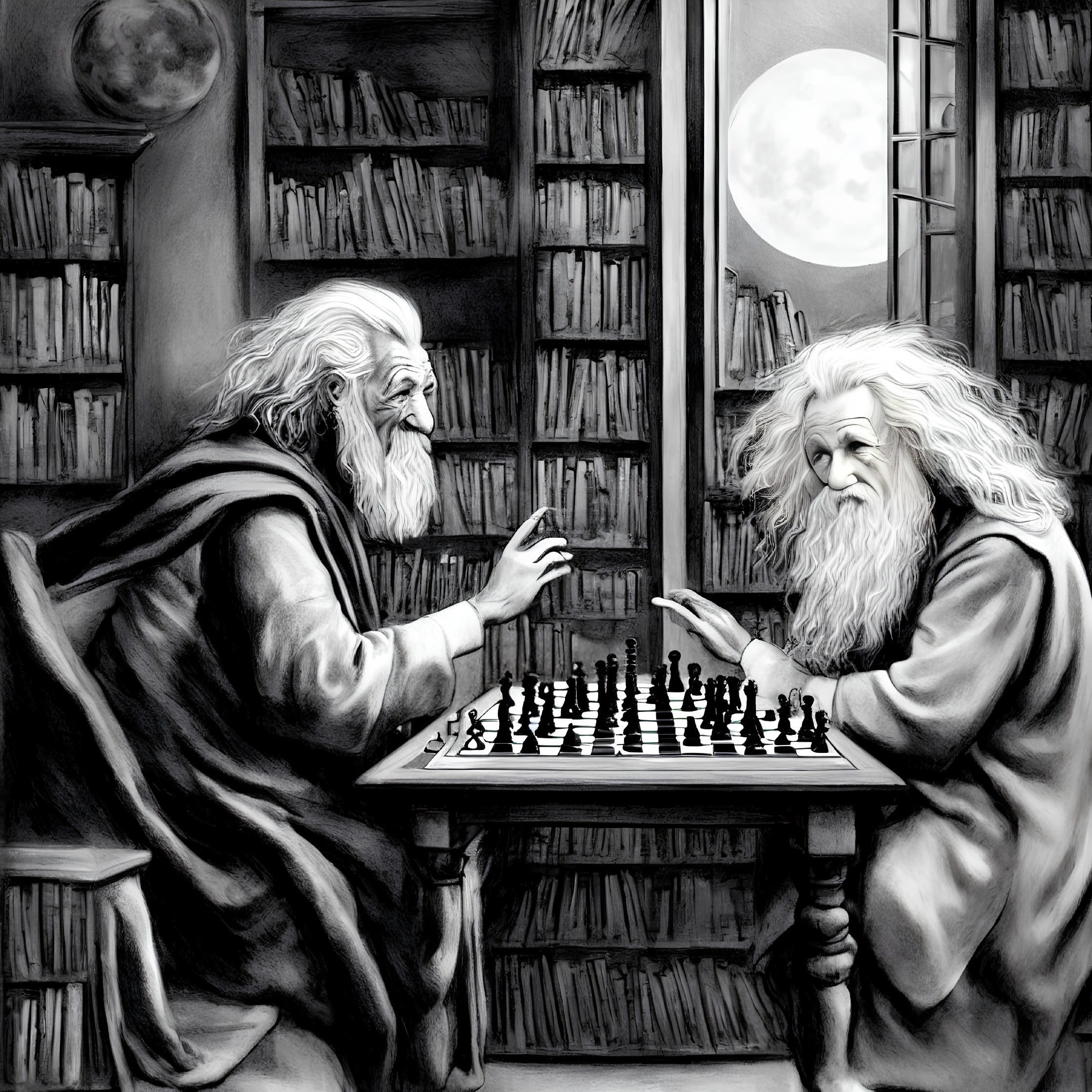 Bearded men playing chess in library under full moon