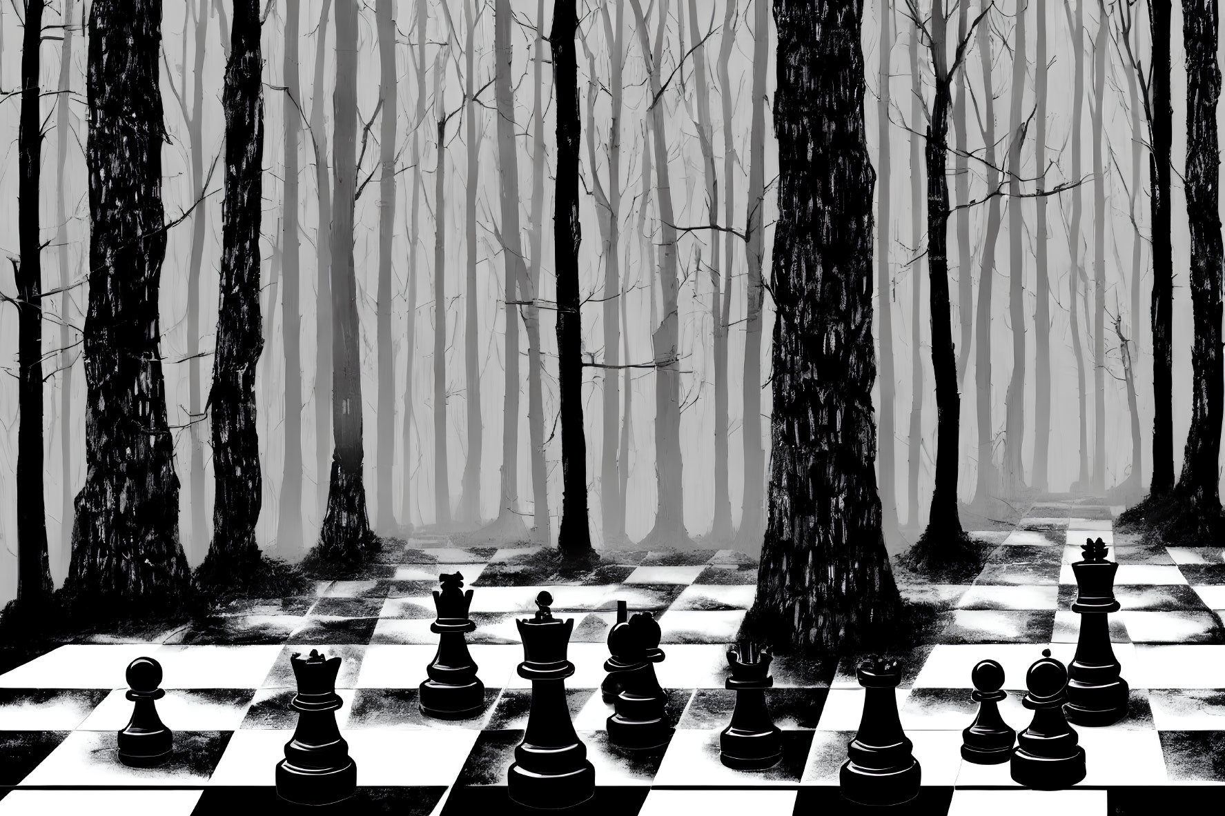 Chess Pieces on Board Transitioning into Monochromatic Forest with Fog
