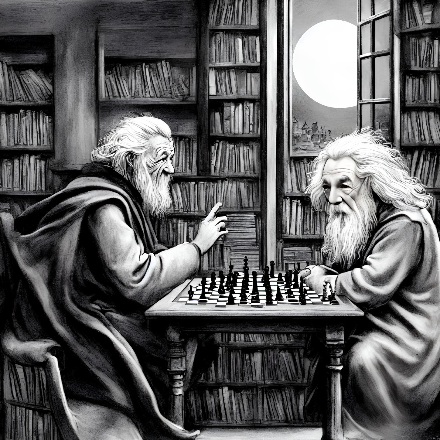 Elderly men playing chess in cozy library under full moon