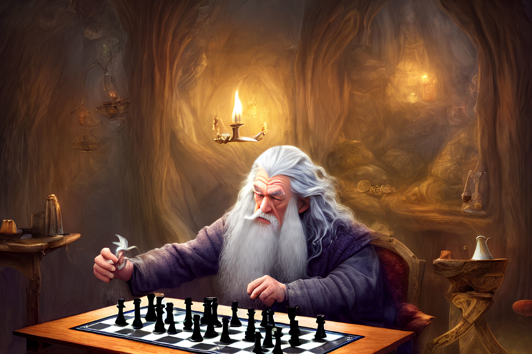 Elderly wizard playing chess in mystical cavernous room
