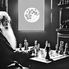 Elderly wizard playing chess in atmospheric room