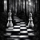Surreal black-and-white chessboard in misty forest with oversized king and queen pieces