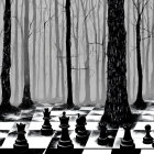 Monochrome Chessboard with Chess Pieces in Misty Forest