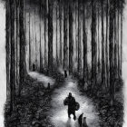 Monochrome illustration of misty forest with tall trees and path.