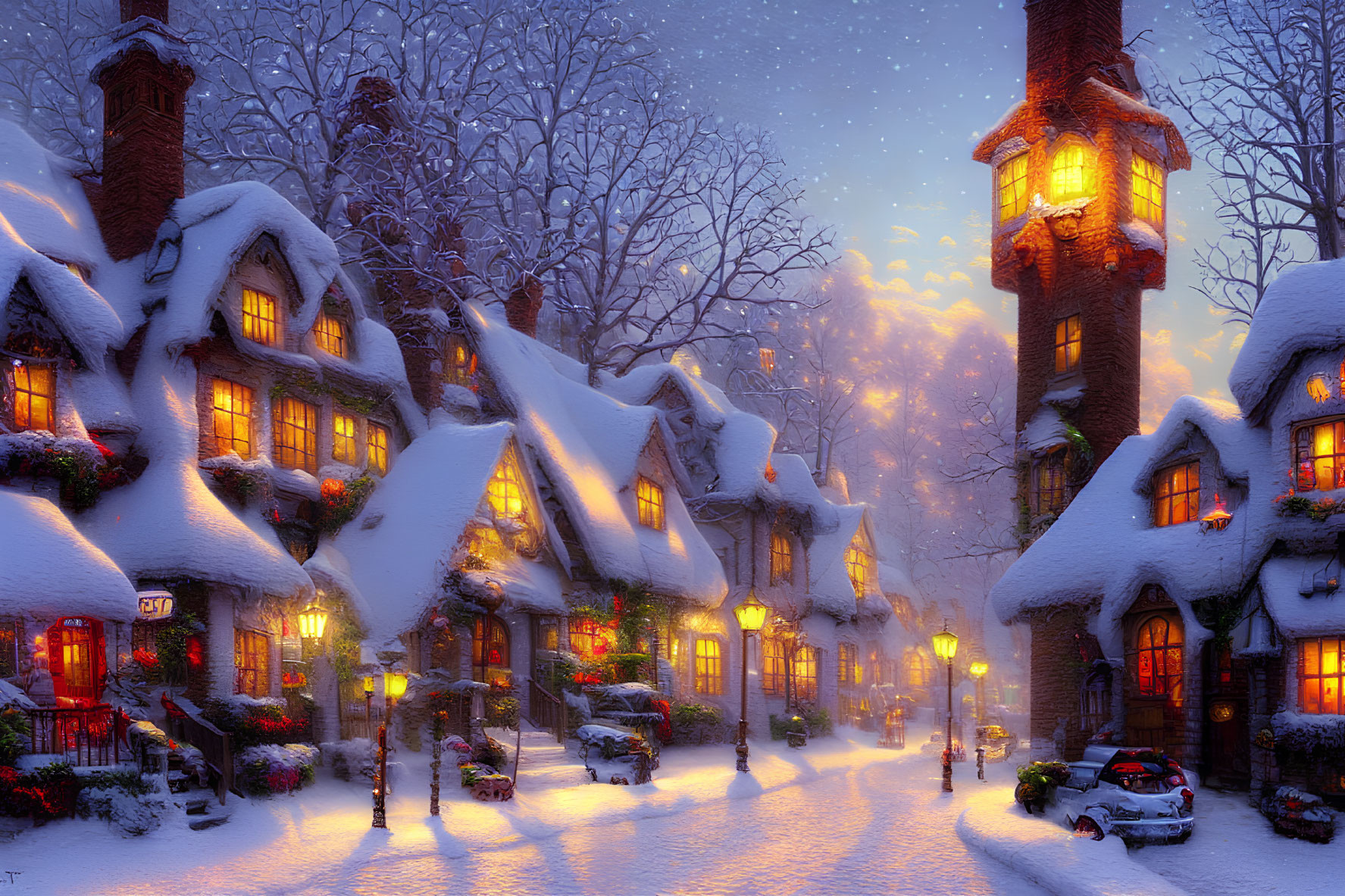 Snow-covered houses and cobblestone street in charming winter scene