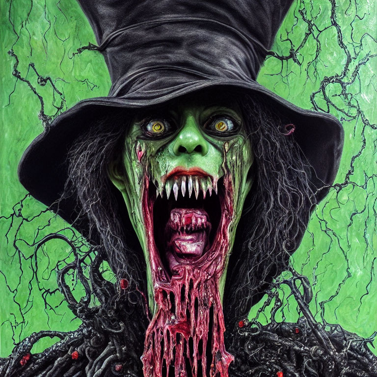 Green-skinned figure with sharp teeth and red eyes in witch's hat on cracked background