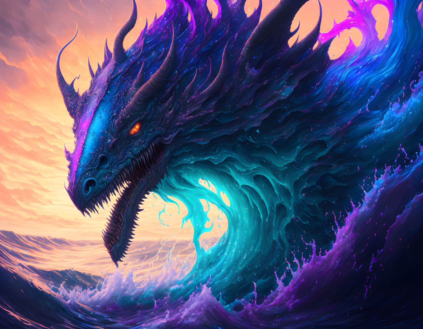 Majestic dragon with neon highlights emerges from ocean at sunset