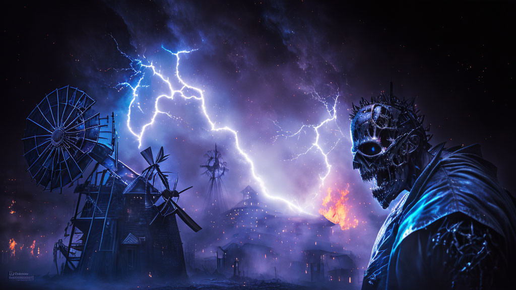 Giant skeleton in burning village under stormy sky