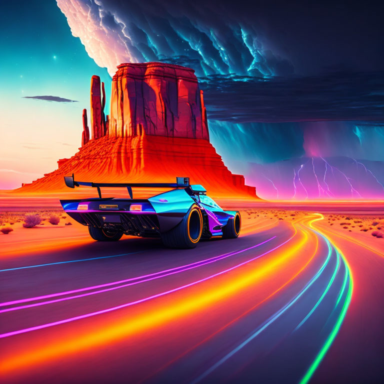 Futuristic car with neon underglow in desert storm with lightning