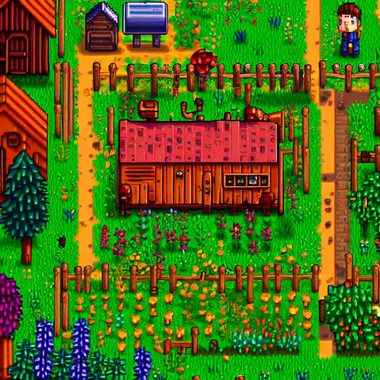Pixelated farm scene with animal coop, plants, character, trees, and mailbox by road