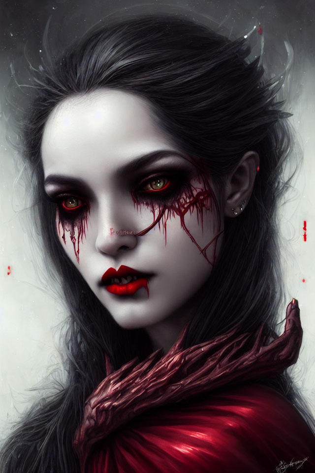 Gothic female digital portrait with horns, green eyes, dark hair, blood tears