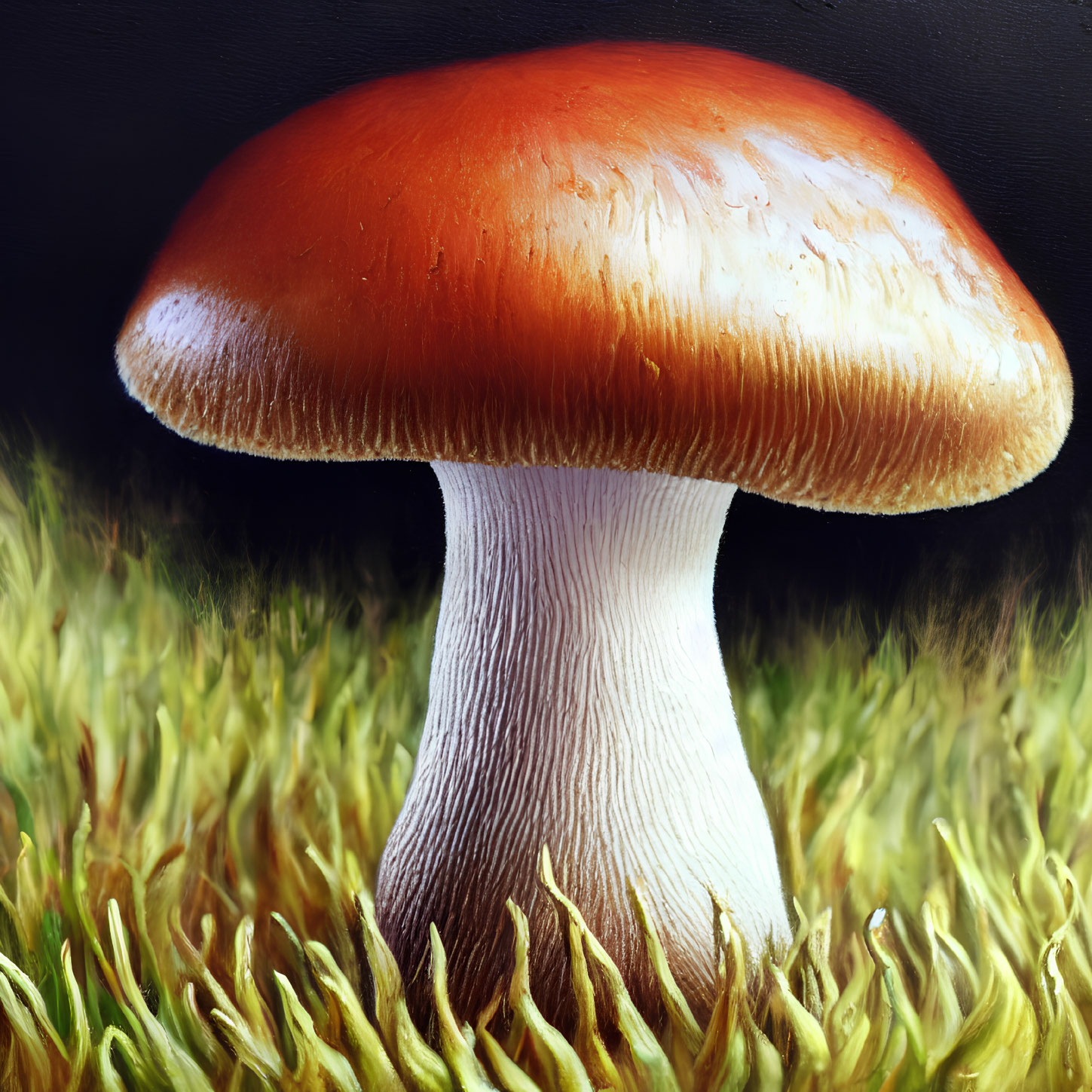 Vibrant orange mushroom with glossy cap on mossy background