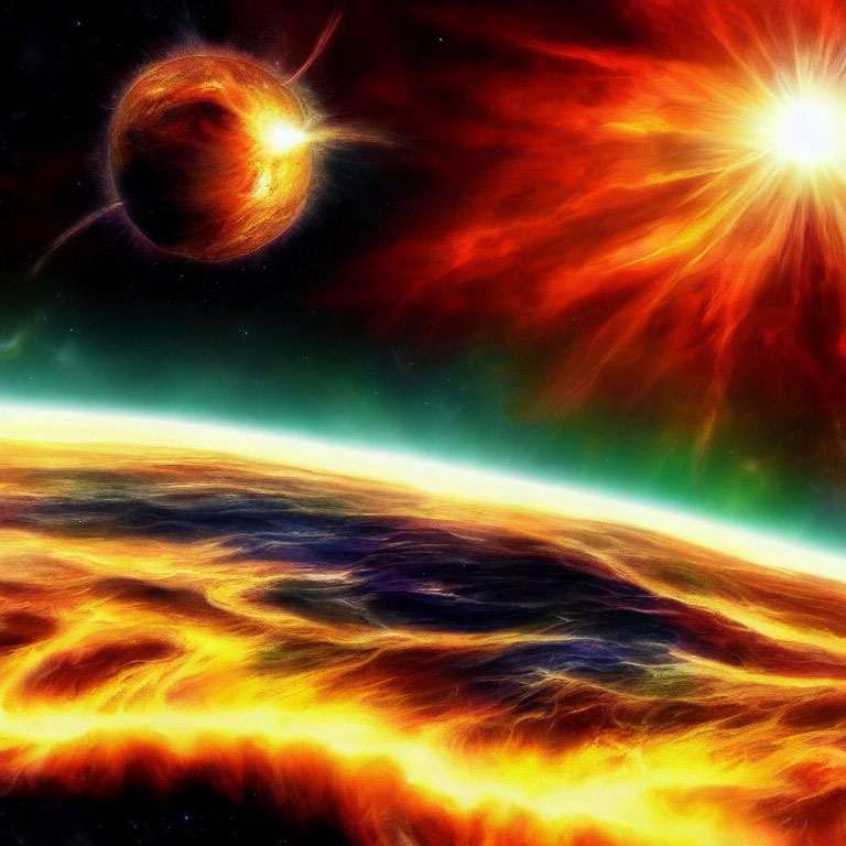 Bright star, planet, and fiery surface in vibrant space scene