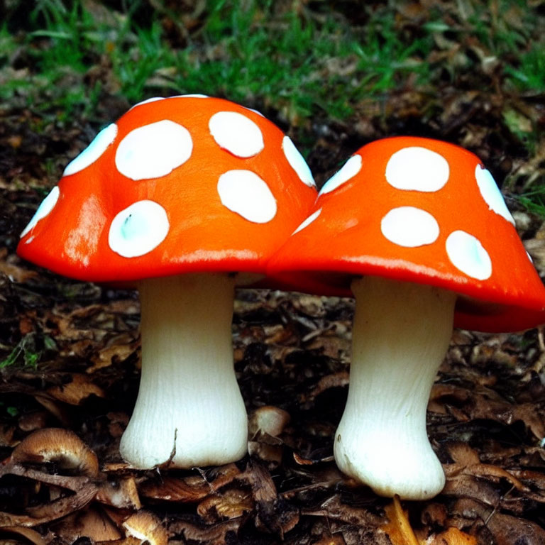 Vibrant red mushrooms with white spots on forest debris