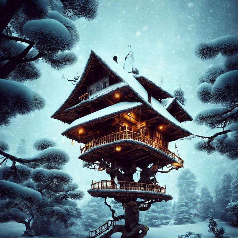 Traditional Japanese House on Tree: Snowy Pine Trees & Starry Night Sky