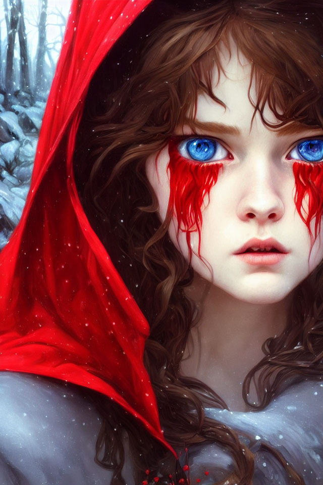 Digital artwork: Girl with blue eyes and red hood in snowy landscape