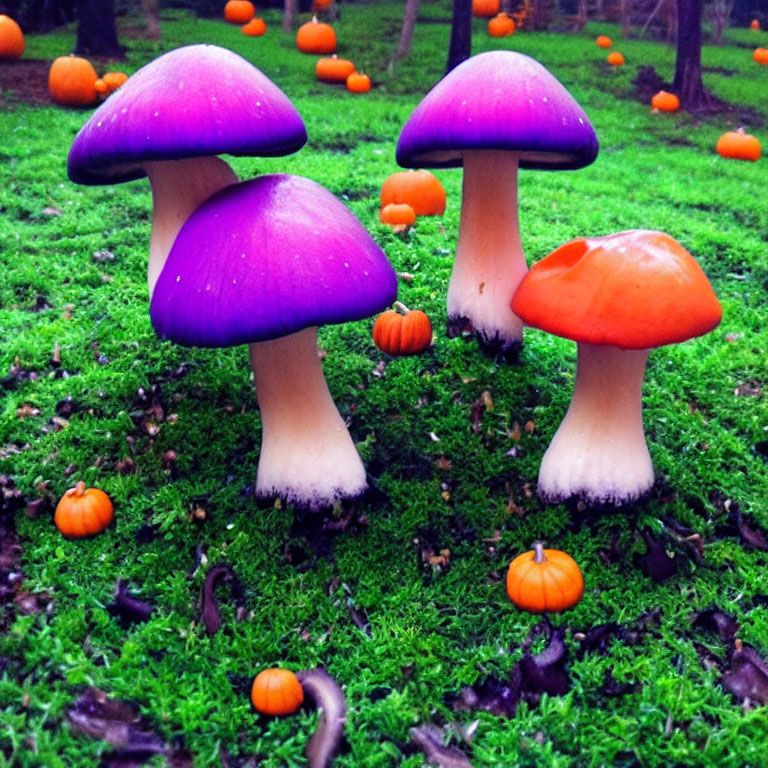 Colorful Purple and Orange Mushrooms with Miniature Pumpkins on Mossy Ground