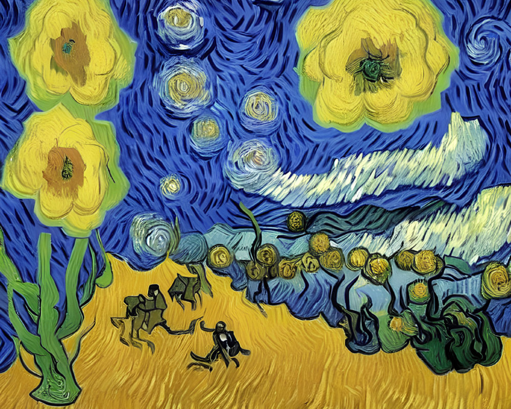 Vibrant yellow flowers and swirling blue sky in stylized painting