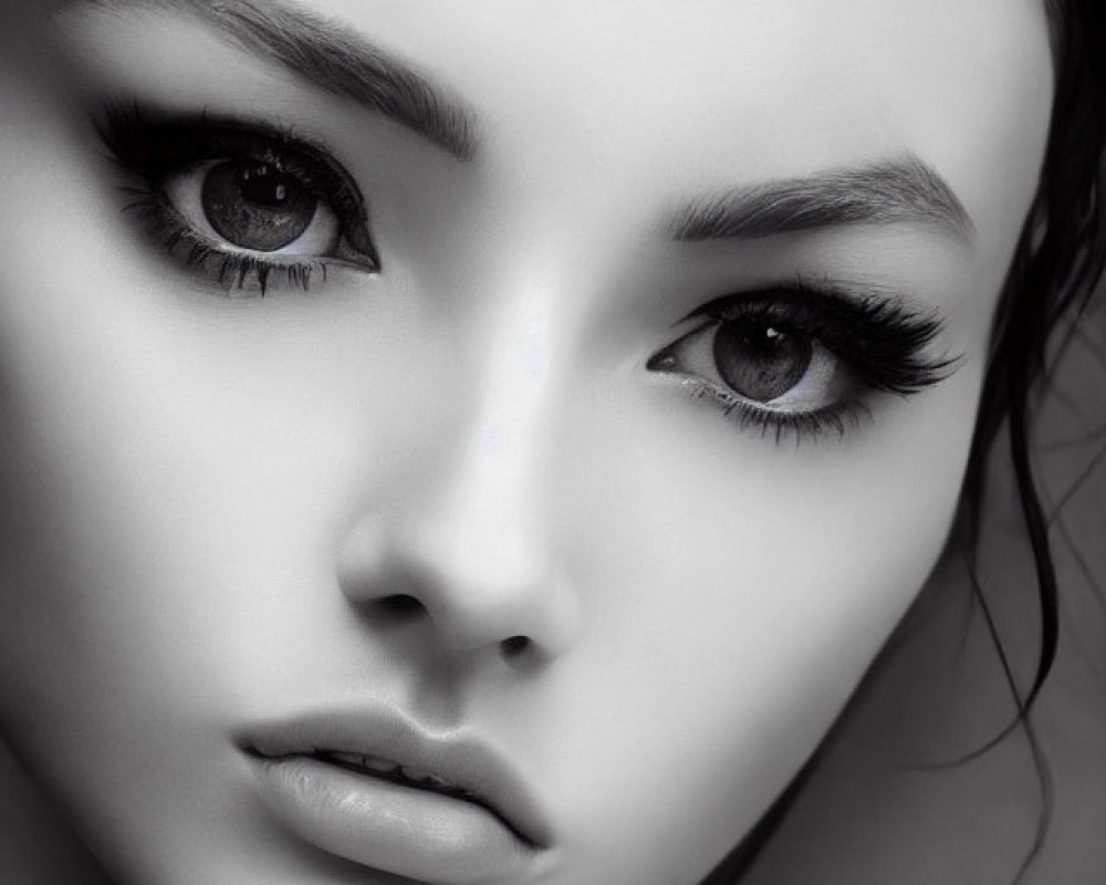Monochrome close-up portrait of woman with striking eyelashes.