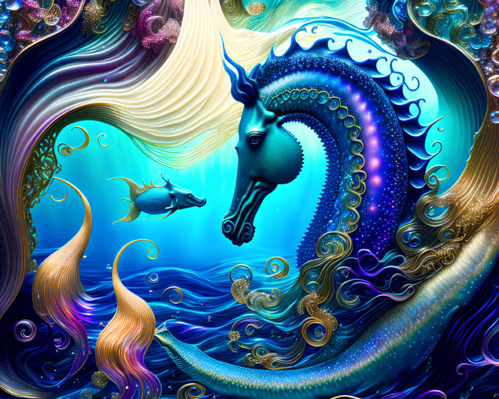 Colorful digital artwork: Stylized unicorn seahorse in underwater scene