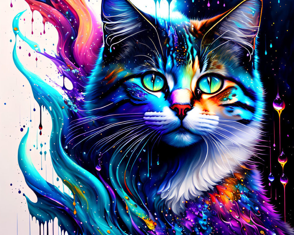 Colorful Neon Cat Artwork with Swirling Colors