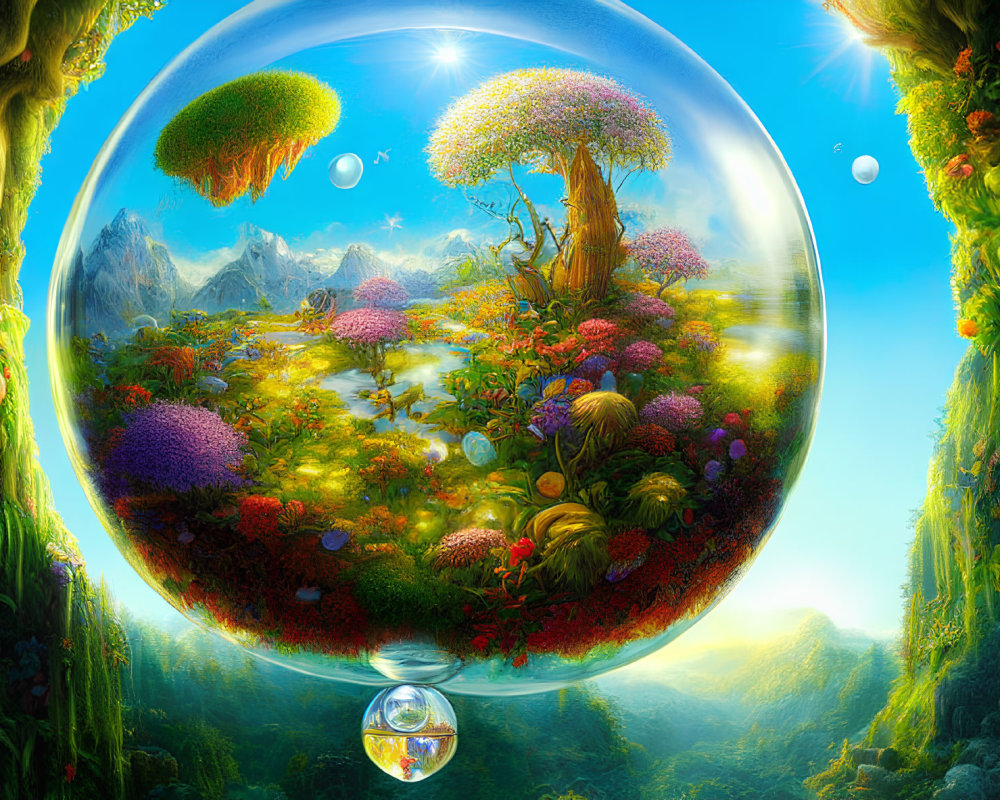 Colorful fantasy landscape in transparent sphere with mountains and floating islands