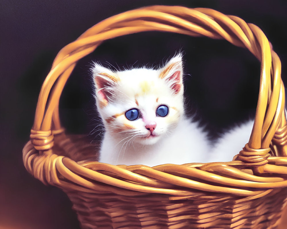 White kitten with blue eyes and light brown fur spots in woven basket.