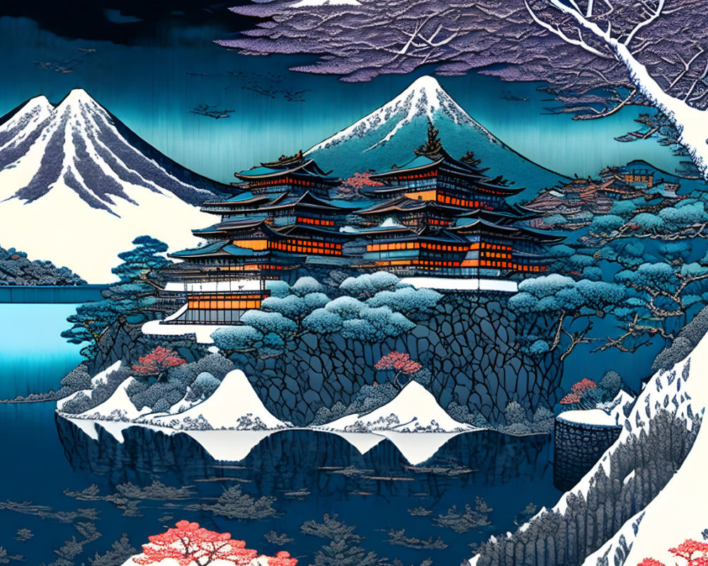 Japanese ukiyo-e style artwork: Multi-tiered pagoda, snow-covered pine trees, Mount