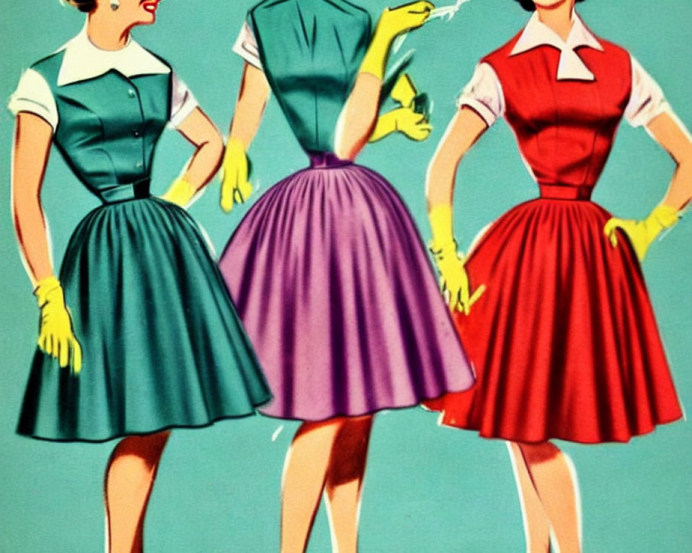 Three women in vintage dresses and aprons, one in yellow gloves