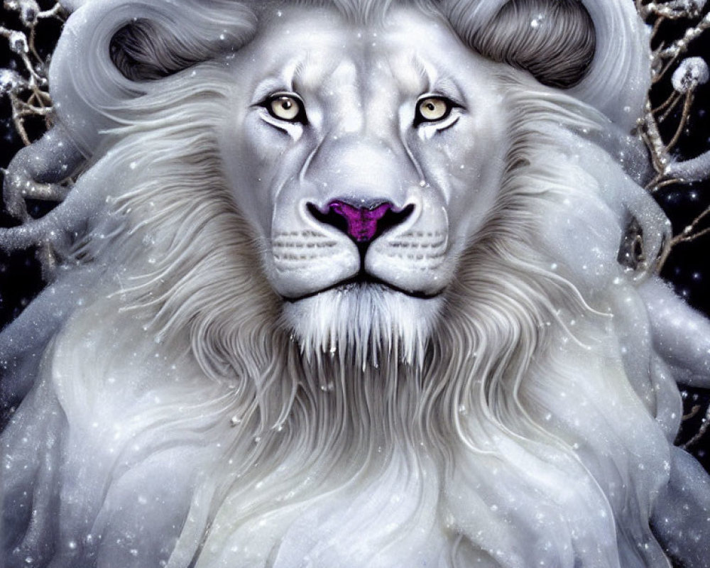 White Lion with Swirling Horns in Snowy Scene