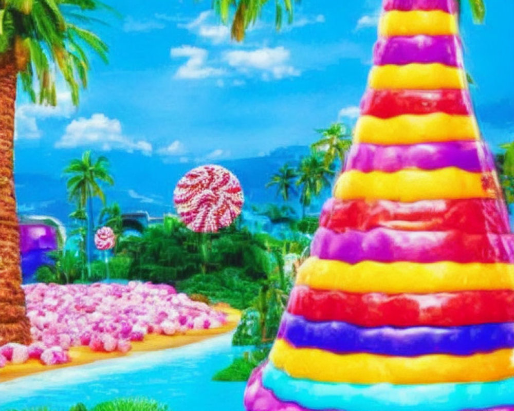 Colorful Fantasy Landscape with Candy-Like Tree, Blue River, Palm Trees, and Ferris Wheel
