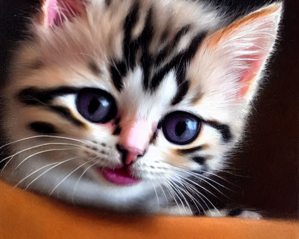Adorable kitten with purple eyes and striped fur peeking over edge