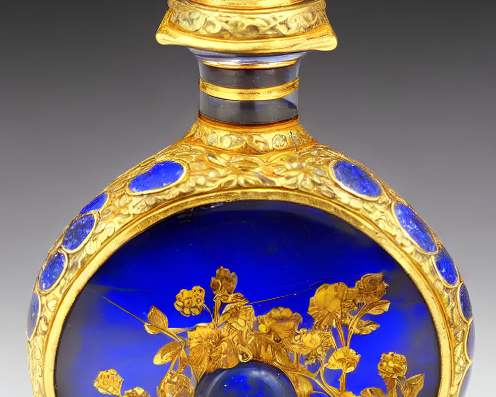 Circular Cobalt-Blue Glass Flask with Gold Detailing and Floral Patterns