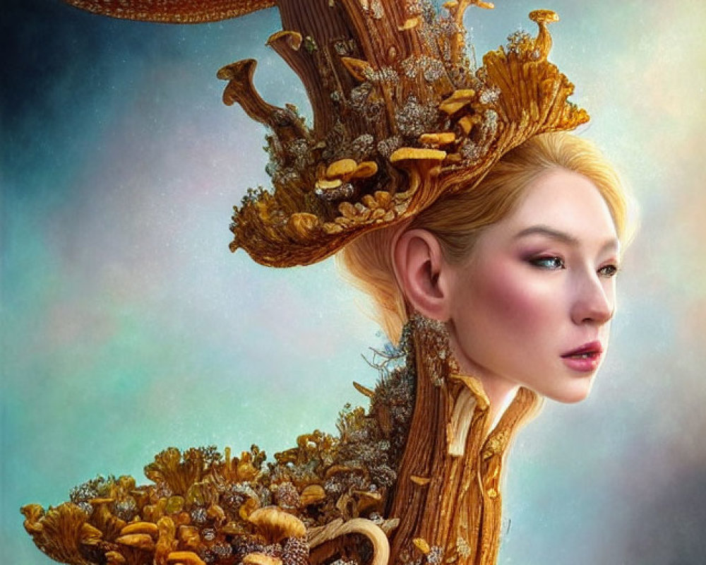 Digital artwork: Woman's profile merges with surreal mushroom and woodland motif