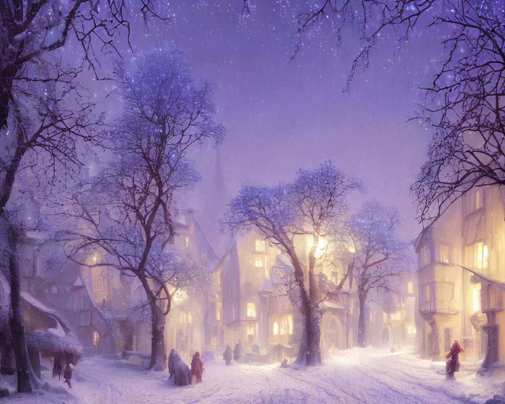 Snowy Twilight Scene in Old Town: Golden Light, Walking People, Snow-Covered Street