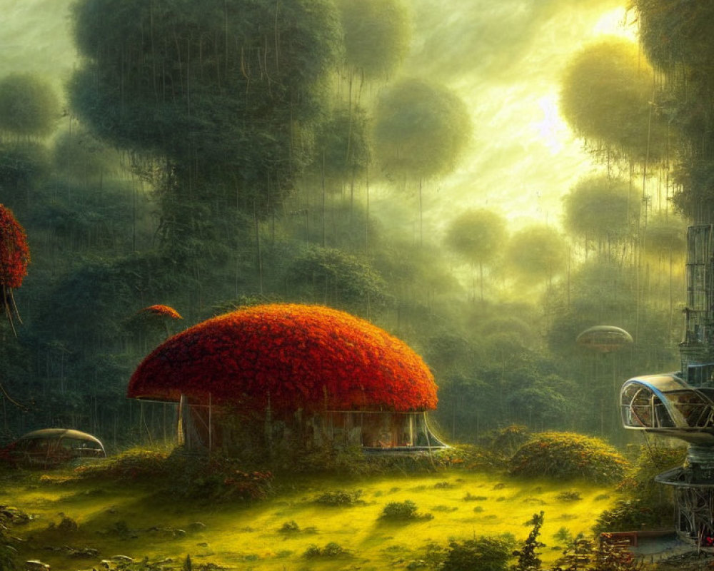 Surreal landscape with red-domed structure and lush greenery