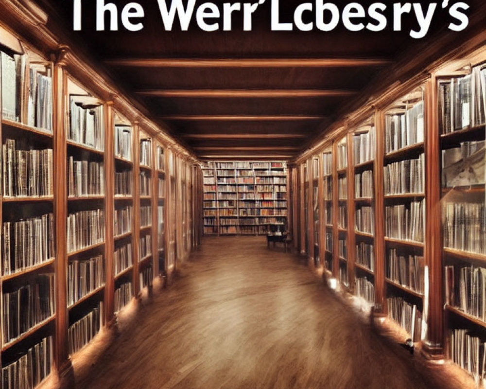 Library aisle with bookshelves and overlaid text "The Werr’Lbecsry’s
