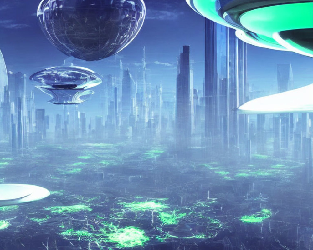 Futuristic cityscape with skyscrapers, orbs, and green ground under hazy sky