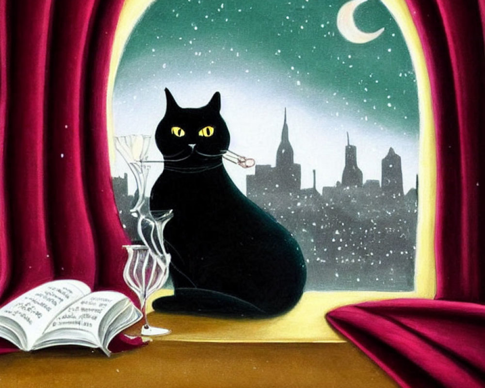 Black cat by window with cityscape, crescent moon, starry night sky, open book,