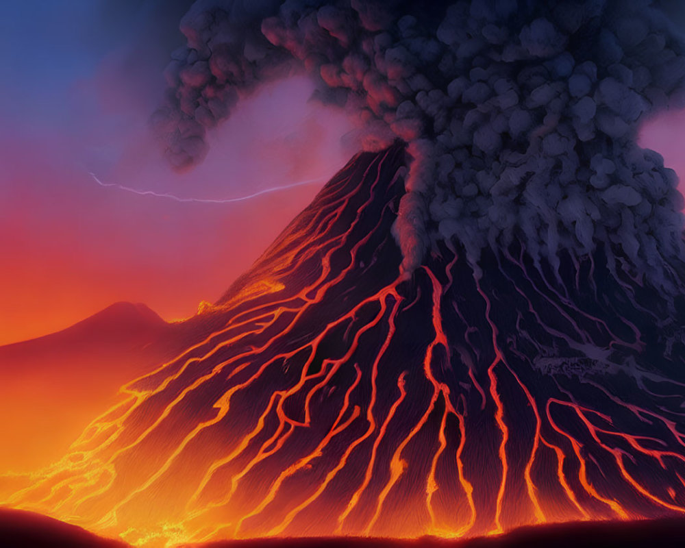 Twilight volcanic eruption with lava flows and lightning in ash-filled sky