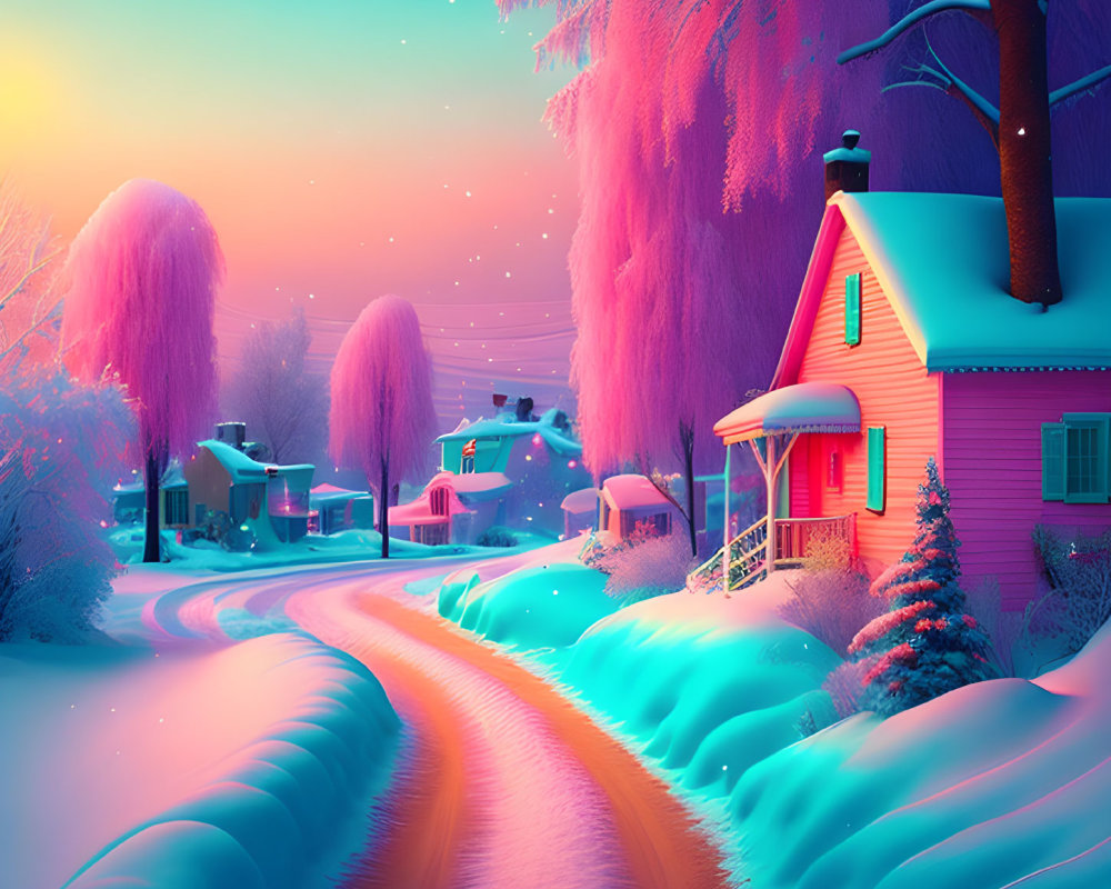 Snow-covered trees and pink glowing house in colorful winter scene
