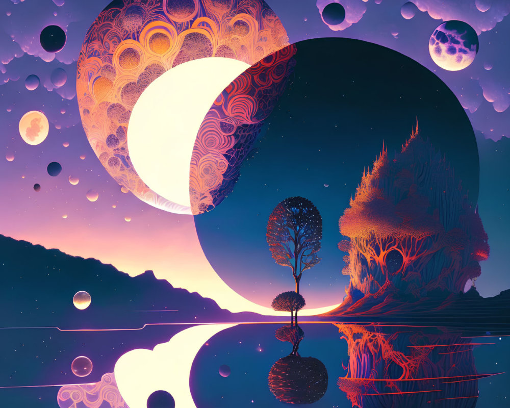 Colorful cosmic landscape with crescent moon, celestial bodies, water surface, and hill tree.