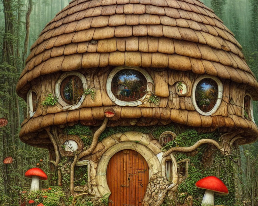 Whimsical Mushroom House in Forest Setting