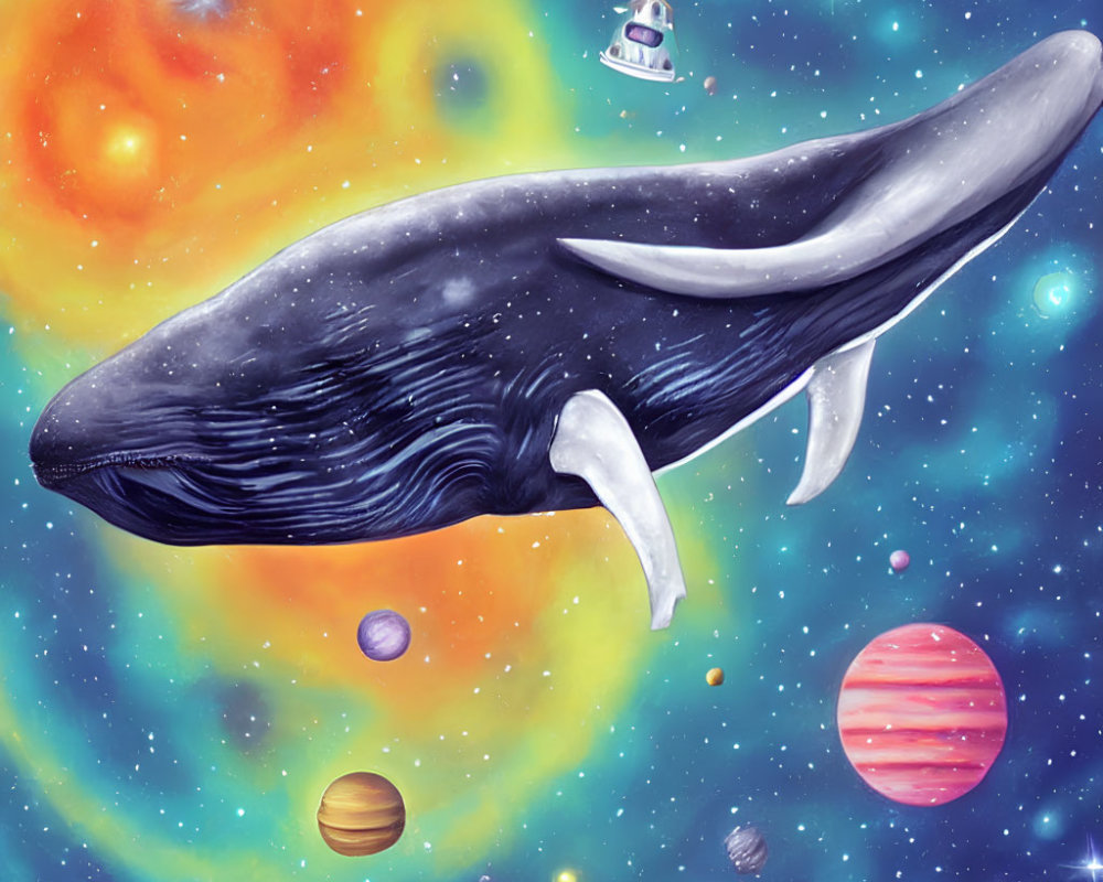 Whale floating in space with planets and spaceship