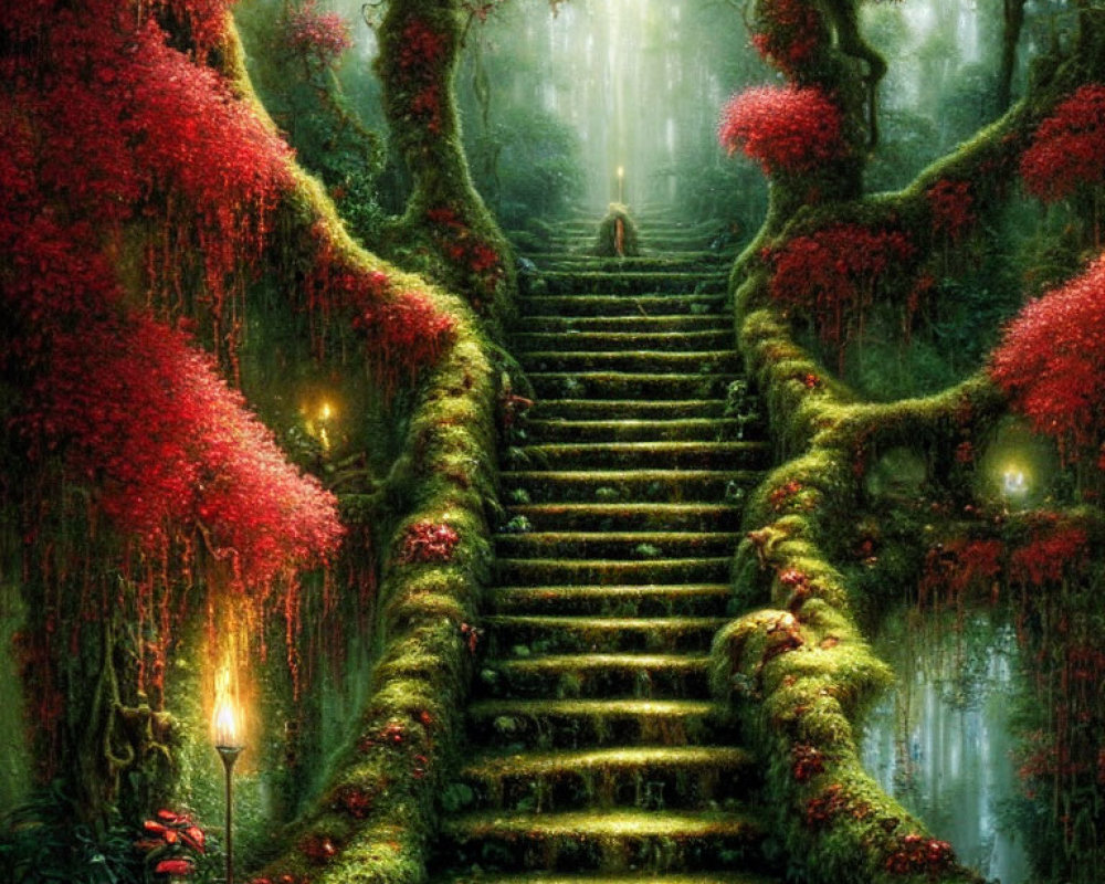 Mystical forest scene with moss-covered staircase, red foliage trees, lanterns, and figure in