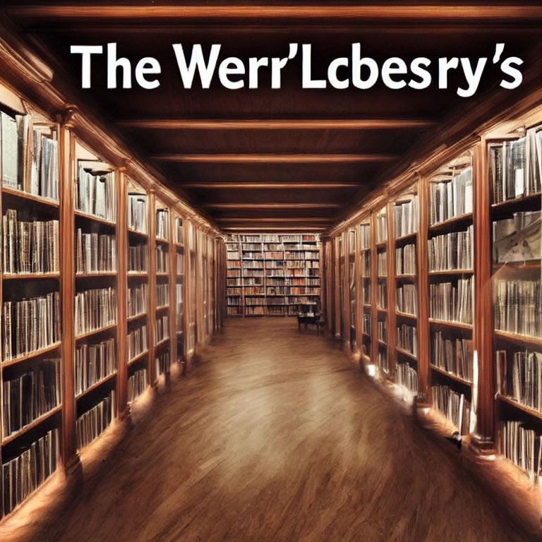 Library aisle with bookshelves and overlaid text "The Werr’Lbecsry’s